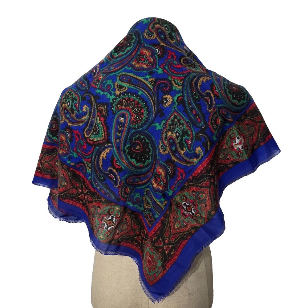 New Vtg 100% Acrylic Paisley Challis Head Scarf/Shawl w/ Fringe Boho Japan Made